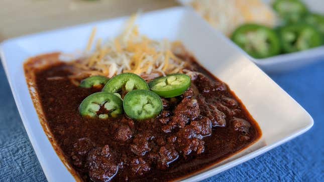 Texas Red chili, no beans, with jalapenos and cheese